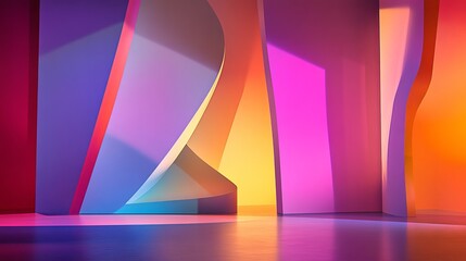 Wall Mural - Vibrant colors projected by light box under theater spotlight, abstract geometric shapes, artistic stage design, modern theater aesthetics.