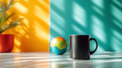 A sleek black mug stands against a dynamic yellow and teal background, with a multicolored ball adding to the sporty and lively composition.