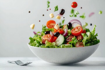 Poster - Fresh garden salad with vibrant ingredients flying in the air against a light background