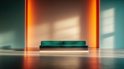 A striking dark green sofa is set against a vivid orange background, accentuated by vertical lighting that emphasizes bold contrasts and a clean aesthetic.