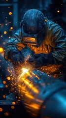 metal worker skillfully welding a pipeline in a workshop surrounded by sparks and the glow of molten metal capturing the essence of craftsmanship and industrial work