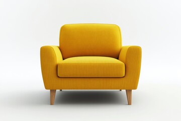 Bright yellow armchair with simple design and wooden legs positioned against a white background