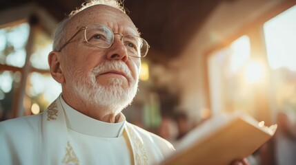 An elderly priest wearing glasses and white clerical garments is bathed in warm sunlight, holding a prayer book, amidst a serene church setting during prayer.