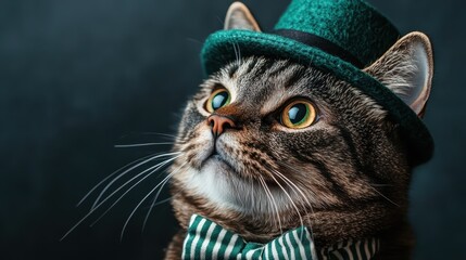 A charming cat dressed in a green bow tie and hat, gazing off camera with a dignified expression, set against a deep green background in a studio setting.