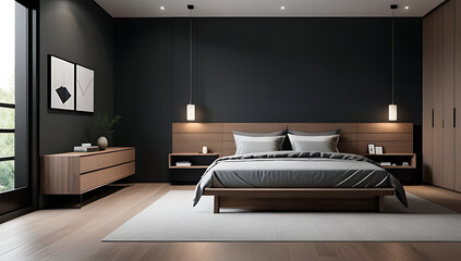 minimalist modern bedroom features simple setup vase wooden cabinet near dark backdrop