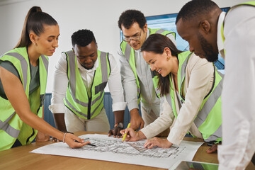 Poster - Blueprint, drawing or group of engineers in meeting for planning ideas or engineering project. Architecture strategy, teamwork or people with floor plan for creativity, development or design together