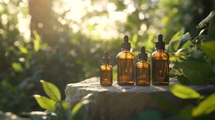 Fototapete - Several amber glass bottles are arranged on a stone, surrounded by vibrant green leaves. Sunlight gently illuminates the scene, creating a serene atmosphere ideal for wellness and nature.