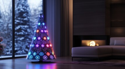 Aufkleber - A contemporary Christmas tree with a dark, almost black, exterior is lit with colorful lights that illuminate snowflake designs on its surface.
