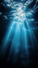 Wall Mural - Beautiful underwater landscape showcasing sun rays penetrating clear ocean water at midday