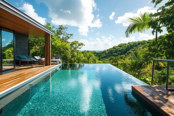 Luxurious infinity pool overlooking a tropical paradise with ocean views on a clear day