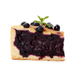 Wall Mural - Slice of delicious homemade blueberry pie with mint isolated on white