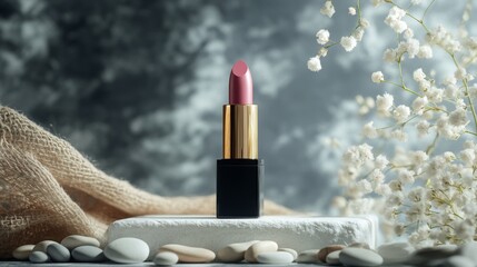 A pink lipstick stands upright on a smooth stone, surrounded by small pebbles and delicate white flowers. The soft-focus background enhances the tranquil atmosphere, evoking beauty and elegance.