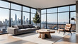 © Galeno - modern loft features minimalist decor coffee table tree stump panoramic window overlooking city