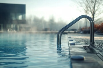 a bright sunny day at a rooftop pool with clear water and a beautiful sky overhead