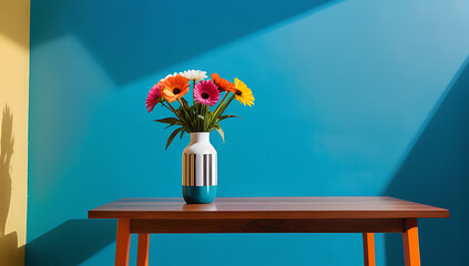 retro wooden table features colorful flower vase blue wall background creative artwork empty space