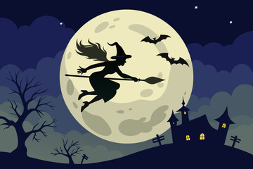 Haunting Witch - A silhouette of a witch flying on a broomstick against a full moon vector