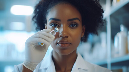 A doctor or researcher holding a vial of a new vaccine with gloves and lab coat