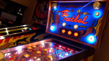 A vintage pinball machine with flashing lights and clanging bells, its addictive gameplay drawing in players of all ages.