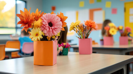 Brightly colored flower arrangements in orange and pink vases adorn classroom tables, creating cheerful and inviting atmosphere for students. vibrant decor enhances learning environment