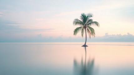 Poster - A serene tropical island showcases a lone palm tree reflecting in still waters during the gentle dawn light, creating a peaceful atmosphere. Generative AI