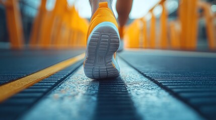 Close-up of a runner's shoe on a running track.