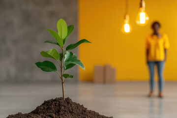 small plant grows from mound of soil in bright, modern space, symbolizing sustainability and growth. background features person standing, emphasizing connection between nature and human effort