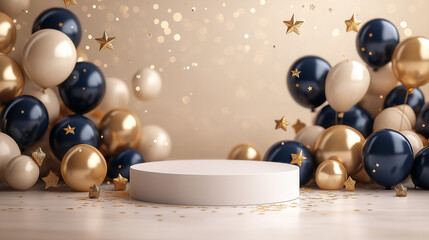 product podium, Elegant beige and black balloon decorations with gold stars for luxury celebration event designs, perfect for party invitations, festive promotions, and New Year event branding.