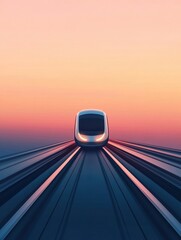 Poster - A sleek train moves effortlessly along polished tracks, illuminated by the warm hues of a tranquil dusk sky, evoking a sense of freedom. Generative AI