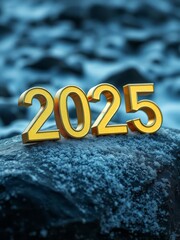 Golden 2025 numbers, textured rocky surface, blurred blue background, close-up photography, metallic sheen, depth of field, new year concept, futuristic, contrast, detailed texture, dramatic lighting,