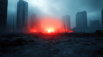 dramatic futuristic cityscape shrouded in fog, illuminated by striking orange glow, evokes sense of desolation and uncertainty. towering buildings stand as silent witnesses to unknown event