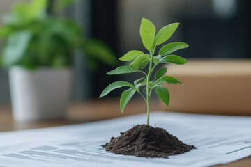 small green plant grows from mound of soil on top of financial documents, symbolizing growth and sustainability in business. scene conveys sense of hope and renewal