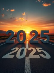 Futuristic 3D numbers 2025, open highway road, dramatic sunset sky, vibrant orange and blue colors, mountains in the distance, reflective road surface, perspective view, cinematic lighting, high contr