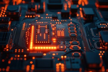 Poster - Intricate circuit board illuminated with orange lights in a close-up view during the evening hours