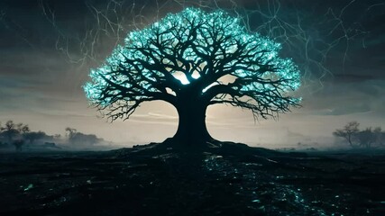 Wall Mural - A single tree stands tall in a desolate landscape, glowing with an ethereal blue light.
