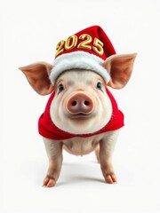 Cute piglet wearing Santa hat with 2023 text, smiling pig in red Christmas sweater, festive holiday animal portrait, white background, high detail, photorealistic, adorable farm animal, new year celeb