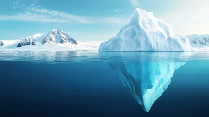 A white iceberg floating in clear blue ocean waters, showcasing both the visible tip above and the hidden mass below, symbolizing hidden danger and global warming.