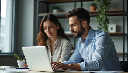 Male and female Caucasian financial advisors use laptop computers to discuss a stock market strategy in a contemporary business. European Managers Collaborate on a Banking Project 
