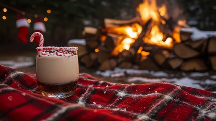 Poster - A warm drink adorned with a candy cane rests on a plaid blanket near a crackling fire. Snow surrounds the setting, and holiday decorations hang in the backdrop, evoking a cozy winter vibe.