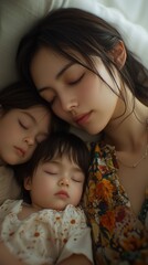 Sticker - 平和な家族の絆：母親と子供が一緒に眠る