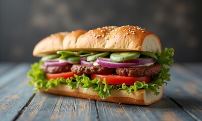 A delicious sandwich featuring a juicy patty, fresh tomatoes, and crisp lettuce, perfect for a quick lunch or snack. Simple yet satisfying