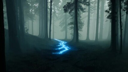 Wall Mural - Mysterious blue glow in the middle of a dark, misty forest path.