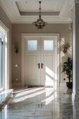 A modern hallway with a bright chandelier and two doors, perfect for architectural or interior design use