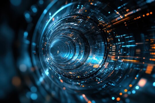 Exploring a futuristic abstract tunnel with vibrant blue and orange digital lights
