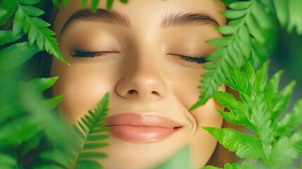 A woman smiling confidently with radiant skin, surrounded by lush greenery.