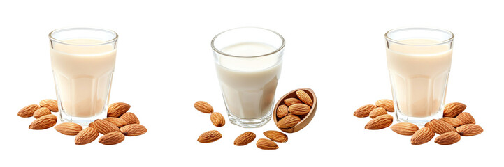 Wall Mural - Set of glass filled with creamy almond milk surrounded by whole almonds,isolated on a white background