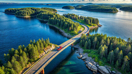 Wall Mural - A vibrant bridge spans over a clear blue lake, linking several islands adorned with dense greenery under a bright sky, showcasing nature's beauty and tranquility