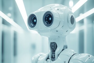 Poster - Futuristic robot with large expressive eyes in a sleek, modern environment during daytime