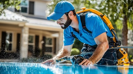 a professional worker using a manual vacuum system to thoroughly clean the floor of a residential sw