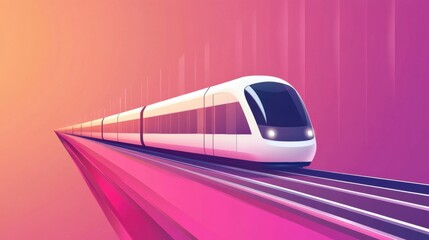 Poster - A minimalist train glides effortlessly along smooth tracks, framed by a vivid gradient backdrop capturing a serene sunset ambiance. Generative AI