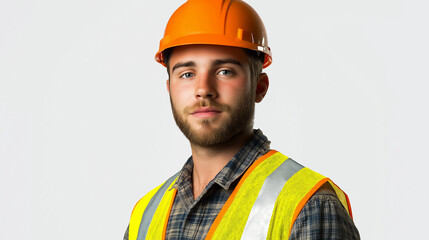 Portrait of a confident male construction worker wearing an orange hard hat and yellow safety vest, representing construction, engineering, and workplace safety promotions.